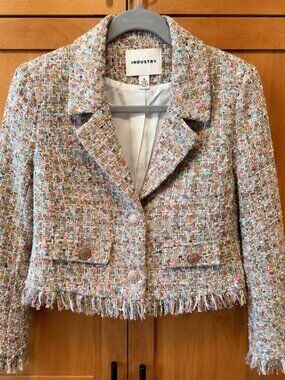 Industry Multicolor Tweed Cropped Blazer Jacket Fringe Trim Size 2